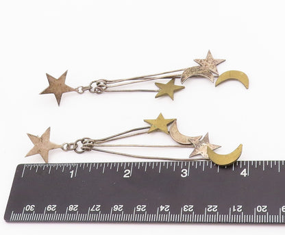 925 Sterling Silver Vintage Earrings Modernist Drop Cutout Moon & Stars  EG13653