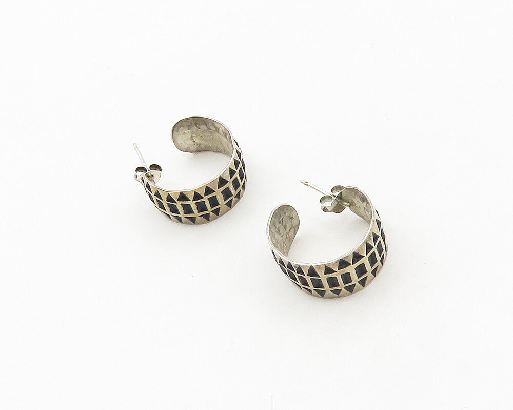 925 Sterling Silver Vintage Oxidized Pattern J Hoop Earrings EG9277