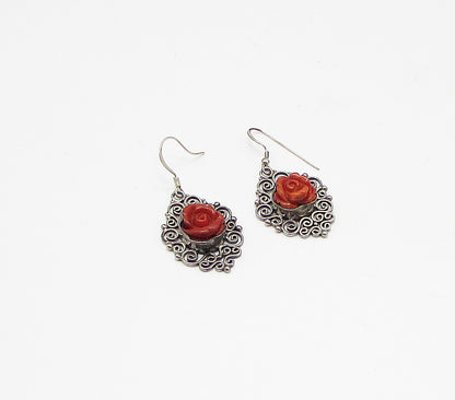 925 Sterling Silver  Vintage Sculpted Floral Filigree Dangle Earrings  EG1931