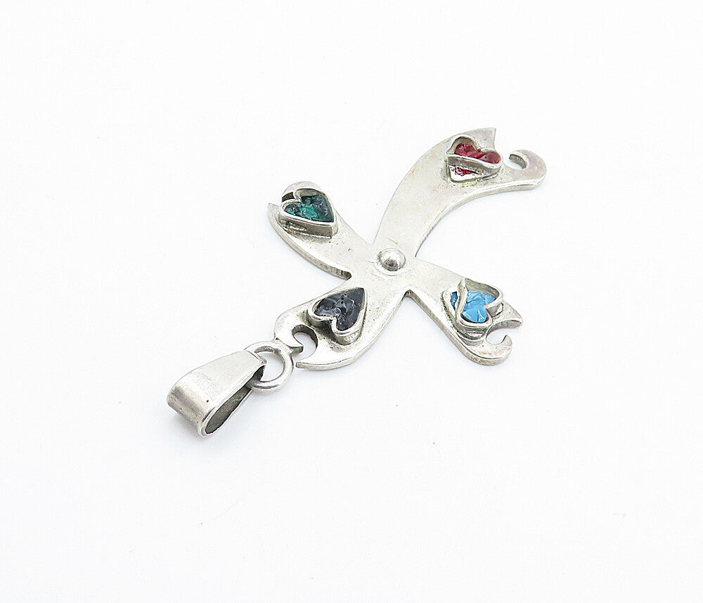 MEXICO 925 Sterling Silver Vintage Multi Stone Religious Cross Pendant PT4337