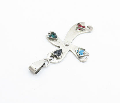 MEXICO 925 Sterling Silver Vintage Multi Stone Religious Cross Pendant PT4337