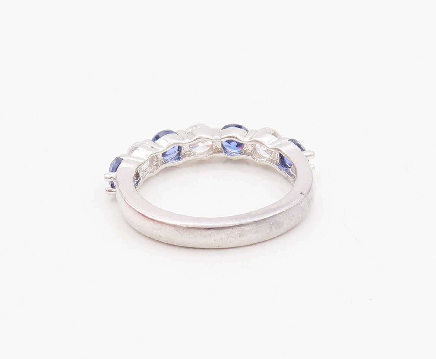 925 Sterling Silver Vintage Ring Round Cut Blue & White CZ Band  Sz 7  RG29799