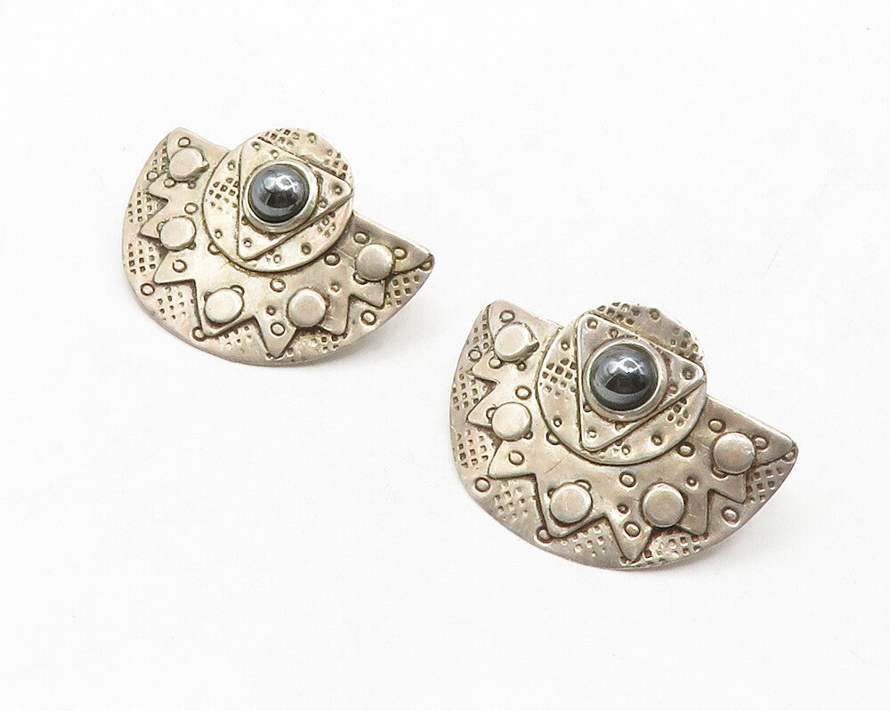 DESIGNER 925 Silver  Vintage Cabochon Hematite Patterned Drop Earrings  EG6686