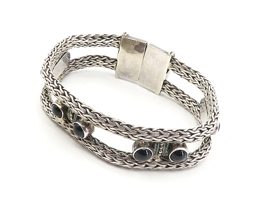 925 Sterling Silver  Vintage Cabochon Black Onyx Wheat Chain Bracelet  BT3994