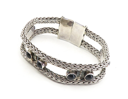 925 Sterling Silver  Vintage Cabochon Black Onyx Wheat Chain Bracelet  BT3994