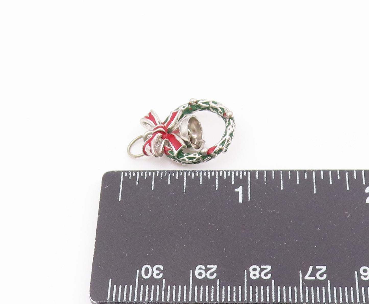 925 Sterling Silver  Vintage Christmas Wreath Bow & Bell Pendant  PT18823