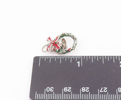 925 Sterling Silver  Vintage Christmas Wreath Bow & Bell Pendant  PT18823