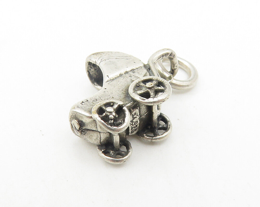 925 Sterling Silver  Vintage Petite Dark Tone Baby Carriage Pendant  PT9386