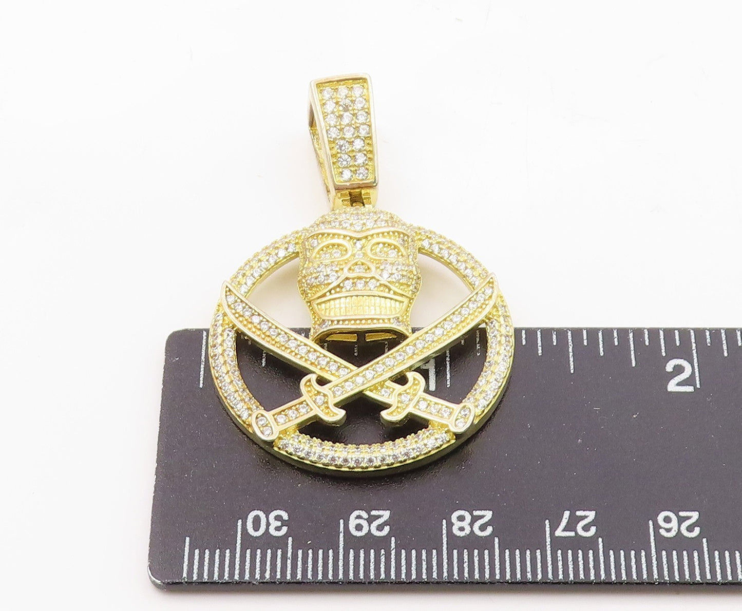 925 Silver  Vintage Topaz Gold Plated Pirate Skull & Swords Pendant  PT19914