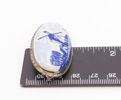 HOLLAND 925 Sterling Silver  Vintage Enamel Windmill Scene Brooch Pin  BP8709
