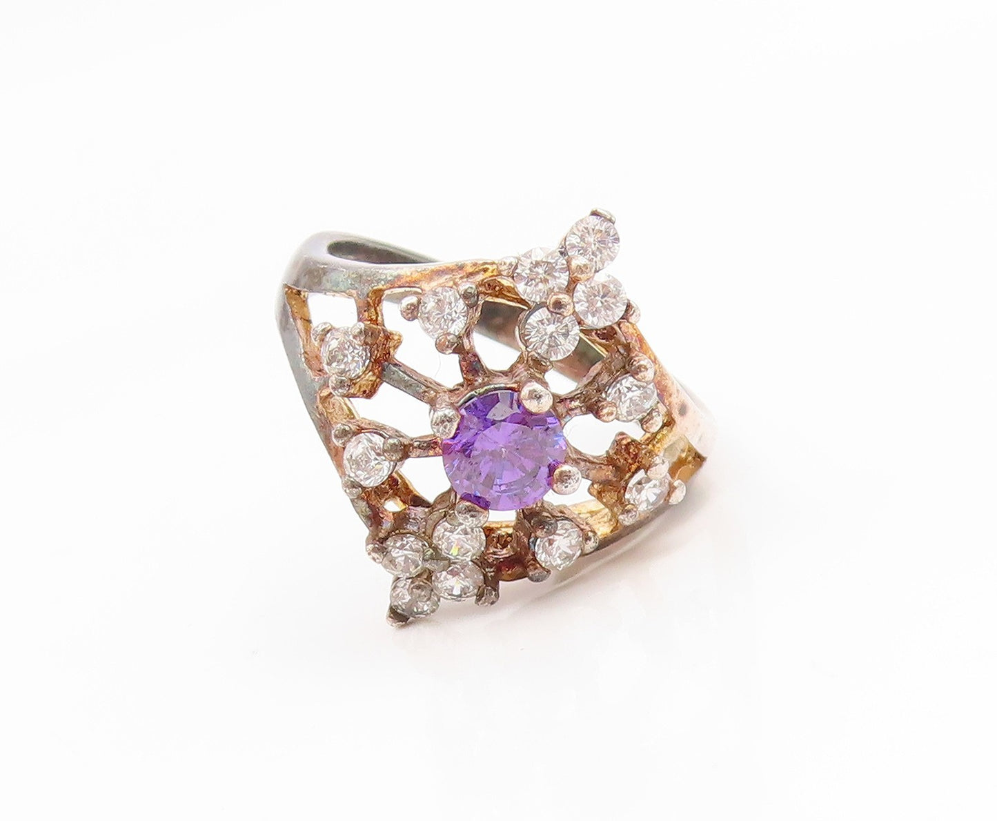 925 Sterling Silver Vintage Ring Gold Plated Amethyst & Topaz Band Sz 8 RG35168