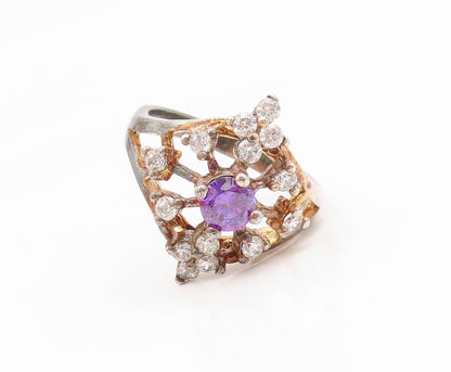 925 Sterling Silver Vintage Ring Gold Plated Amethyst & Topaz Band Sz 8 RG35168