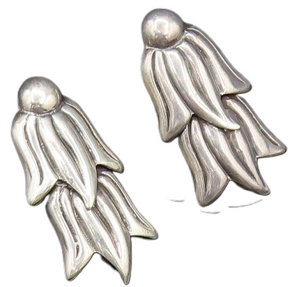 MEXICO 925 Silver  Vintage Double Tulip Flowers Screw Back Earrings  EG12145