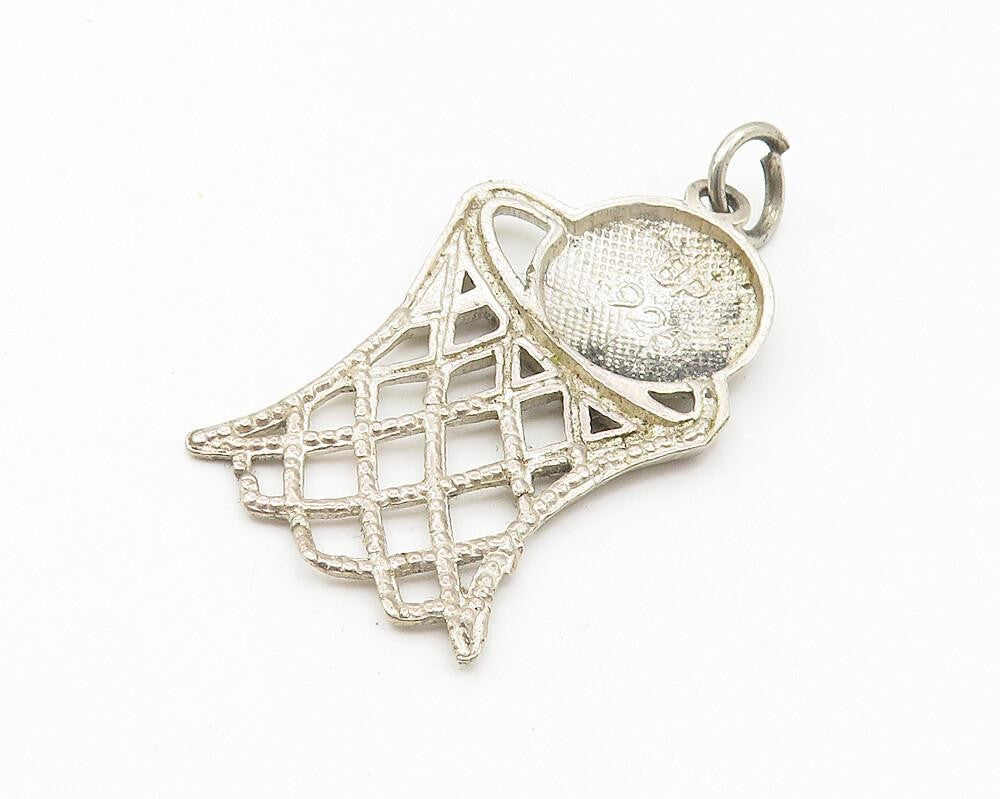 925 Sterling Silver  Vintage Diamond Cut Basketball Hoop Sports Pendant PT8729