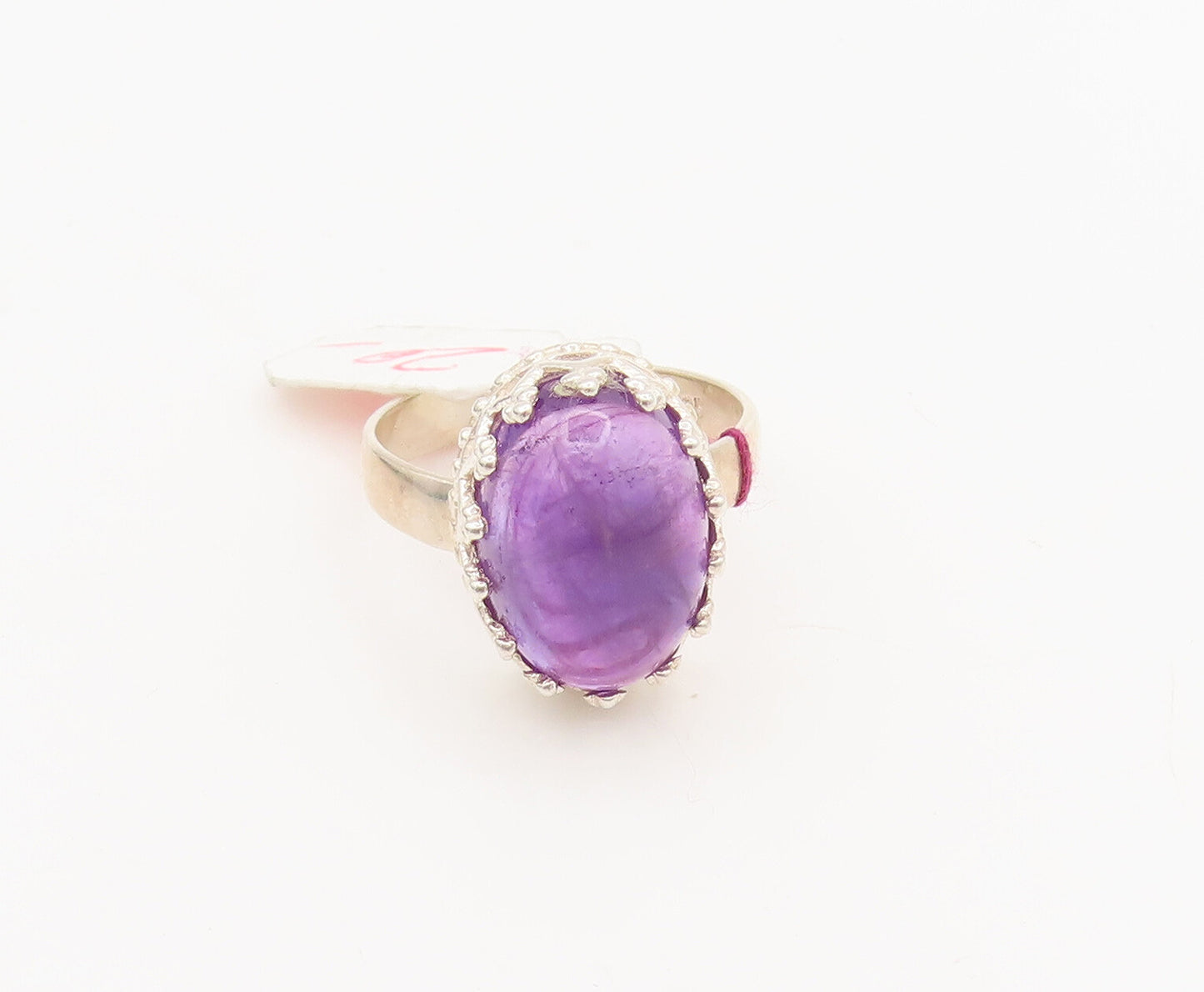 925 Silver  Vintage Cabochon Oval Large Amethyst Carved Ring Sz 6.25  RG27034