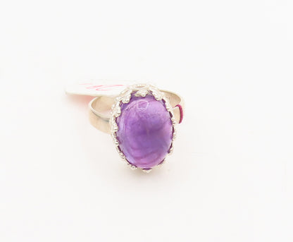 925 Silver  Vintage Cabochon Oval Large Amethyst Carved Ring Sz 6.25  RG27034