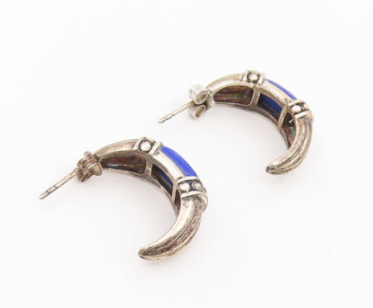 925 Sterling Silver Vintage Earrings Lapis Lazuli Ribbed Crescent Moon  EG14157