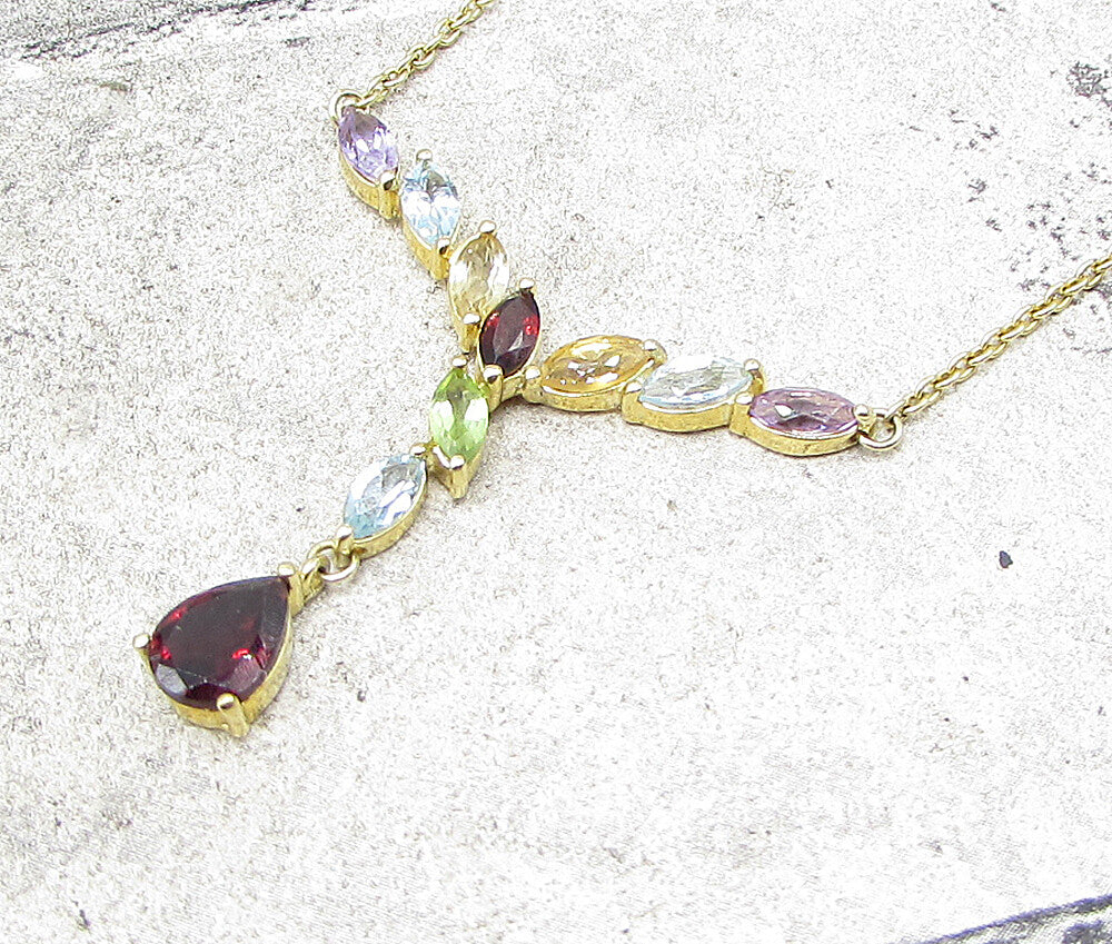 Gold Over 925 Silver Multi Colored Gemstones Lariat Chain Necklace PT1294