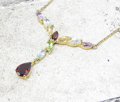 Gold Over 925 Silver Multi Colored Gemstones Lariat Chain Necklace PT1294