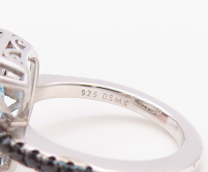 925 Sterling Silver Vintage Ring Rectangle Blue Topaz Halo Spinel  Sz 7 RG30843