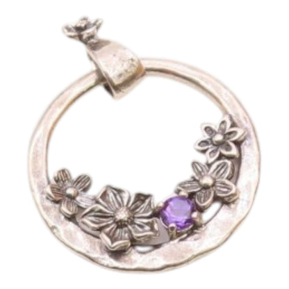 OR PAZ ISRAEL 925 Silver  Vintage Hammered Floral Amethyst Pendant  PT21477