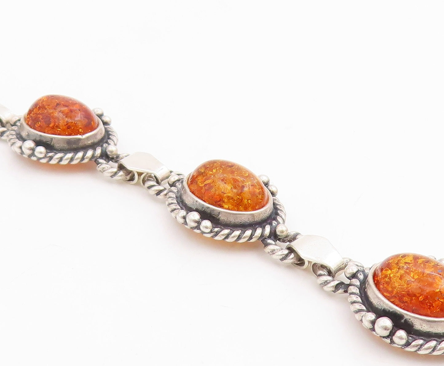 925 Sterling Silver Vintage Bracelet Cabochon Honey Amber Link Chain  BT11849
