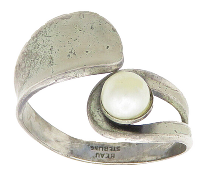 BEAU 925 Silver  Vintage Freshwater Pearl Bypass Band Ring Sz 10  RG19316