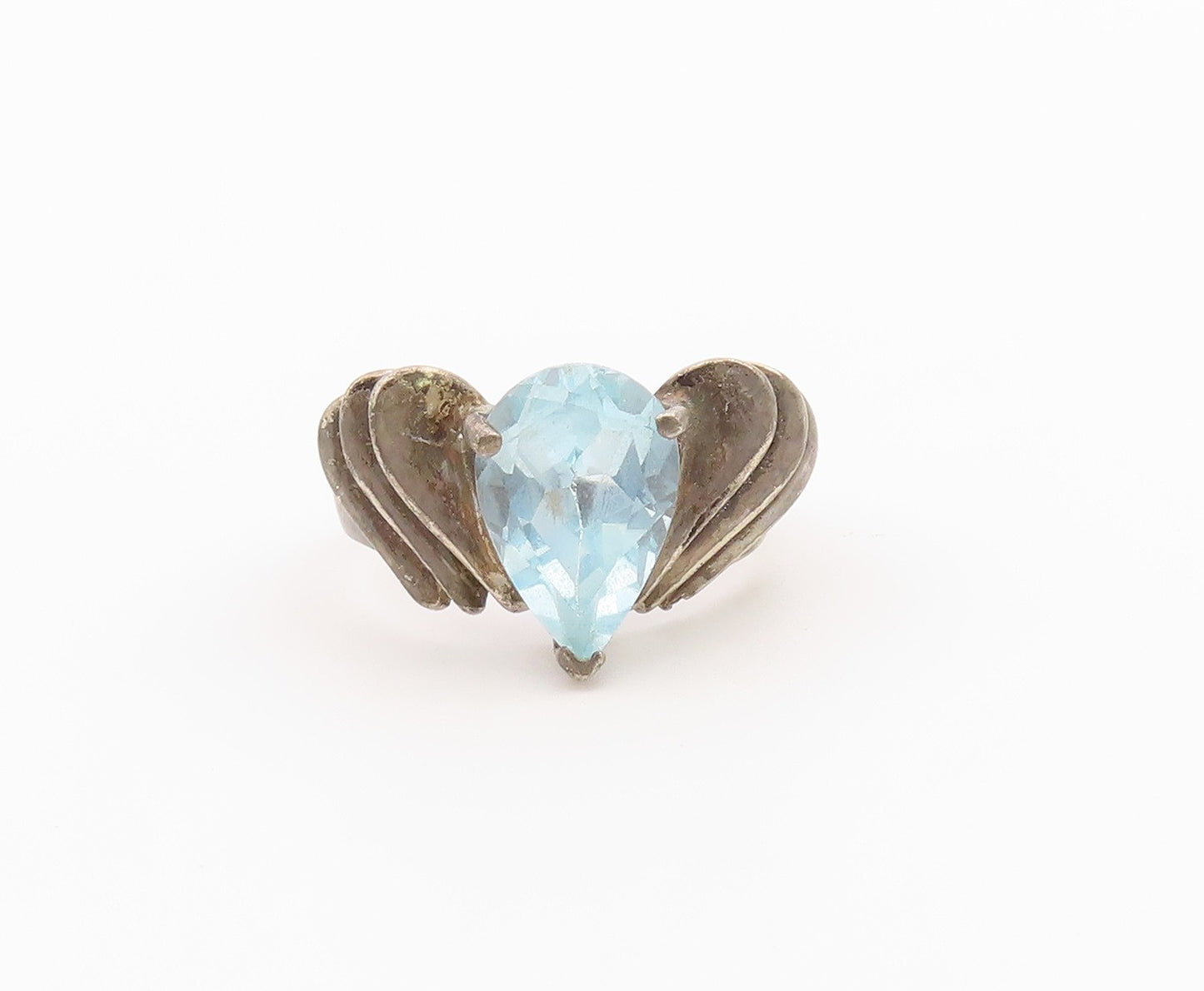 925 Sterling Silver Vintage Ring Pear Cut Blue Topaz Fluted Band  Sz 6  RG36335