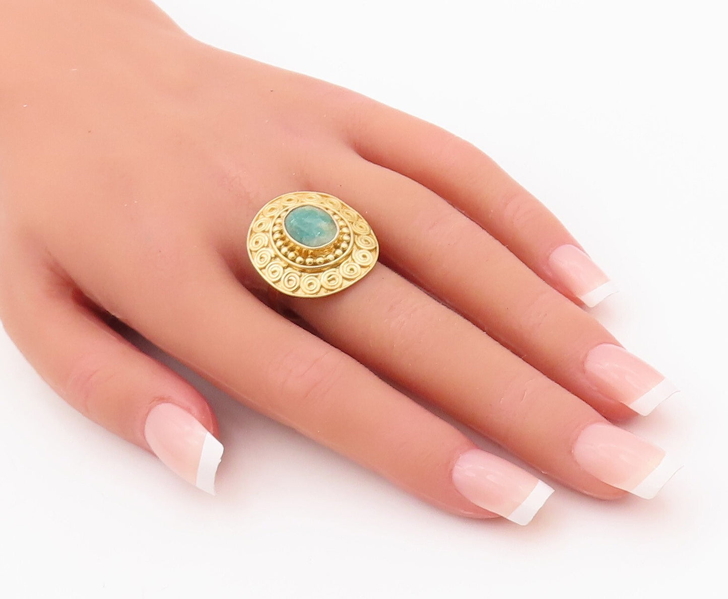 925 Sterling Silver Vintage Ring Gold Plated Swirly Carved Gemstone Sz 9 RG29922