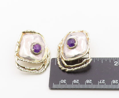 925 Sterling Silver Vintage Earrings Modernist Amethyst Twisted Cable  EG14437