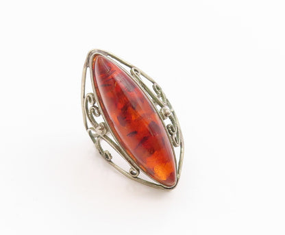 925 Sterling Silver Vintage Ring Cabochon Honey Amber Scroll Band  Sz 8  RG35945