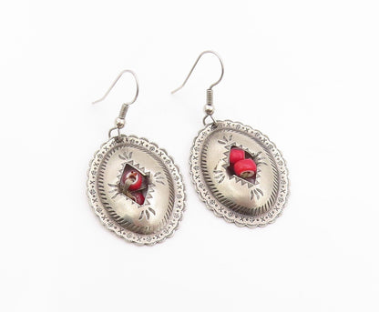 925 Sterling Silver Vintage Earrings SOUTHWESTERN Etched Oval Conchos EG13678