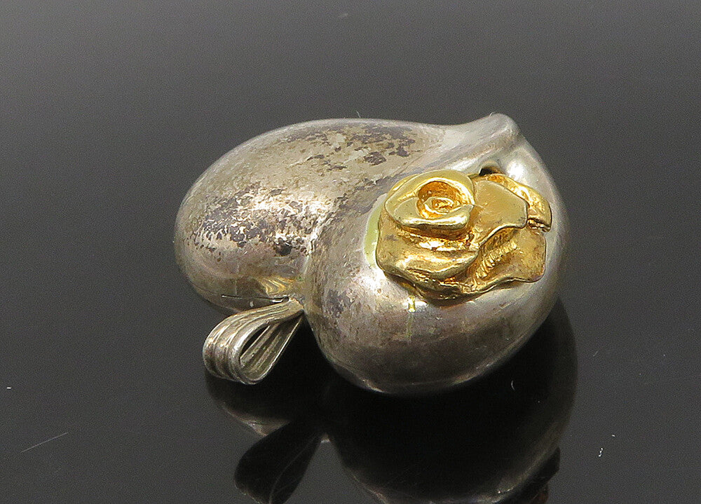GORHAM 925 Silver  Vintage Two Tone Rose Flower Love Heart Pendant  PT19353