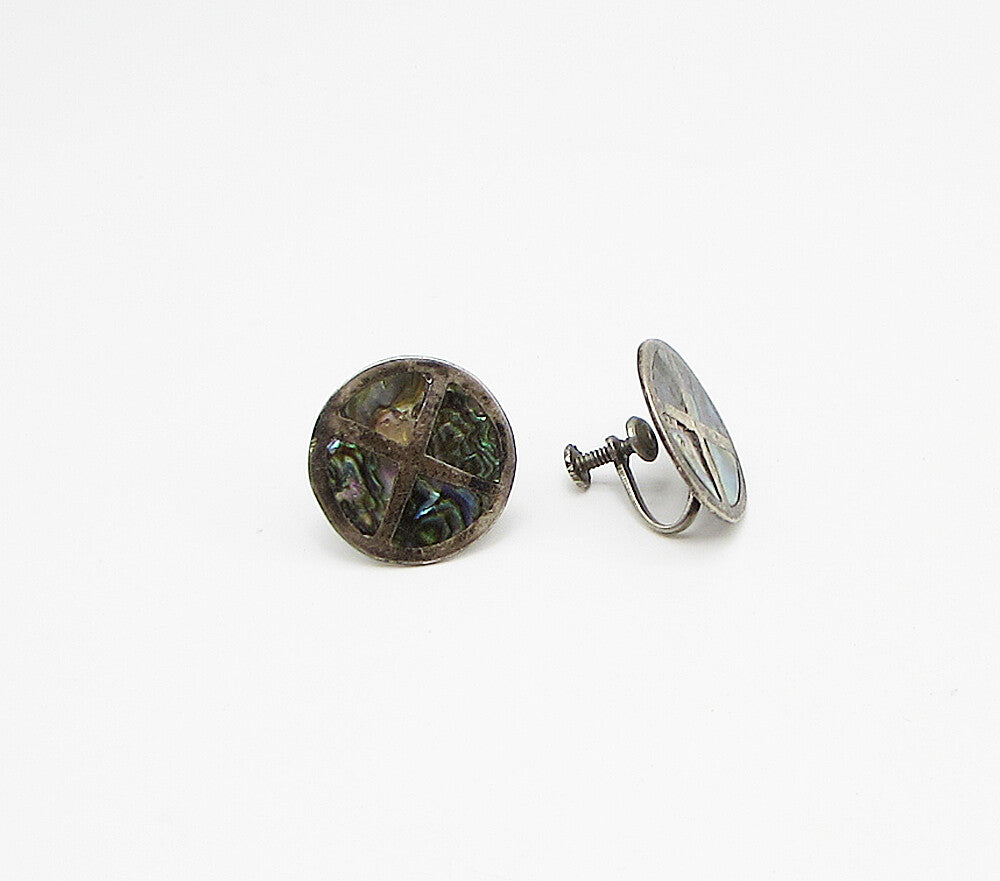 MEXICO 925 Silver Vintage Mother Of Pearl Non Pierced Screw Back Earrings EG1955