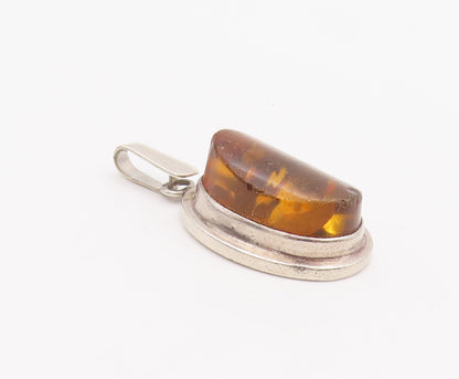 925 Sterling Silver Vintage Pendant POLAND Designer Oval Honey Amber  PT22576