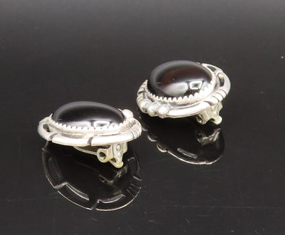 NAVAJO 925 Silver  Vintage Openwork Edge Black Onyx Clip Back Earrings EG12300