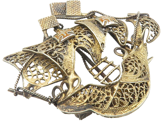 925 Sterling Silver  Vintage Filigree Sail Boat Ship Motif Brooch Pin  BP4368
