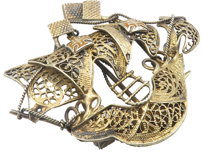 925 Sterling Silver  Vintage Filigree Sail Boat Ship Motif Brooch Pin  BP4368