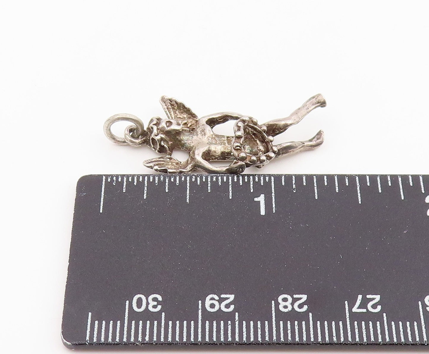 925 Sterling Silver Vintage Pendant Winged Cupid With Love Heart Charm  PT25956