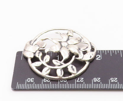 925 Sterling Silver  Vintage Shiny Round Floral Vine Motif Brooch Pin  BP5713