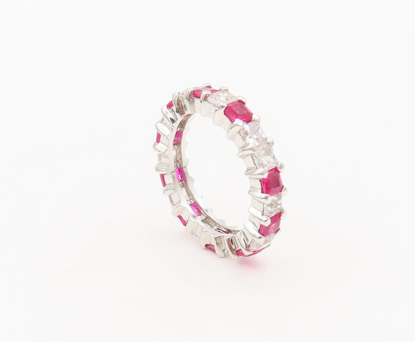925 Sterling Silver  Vintage Minimalist White Pink CZ Band Ring Sz 5  RG27248