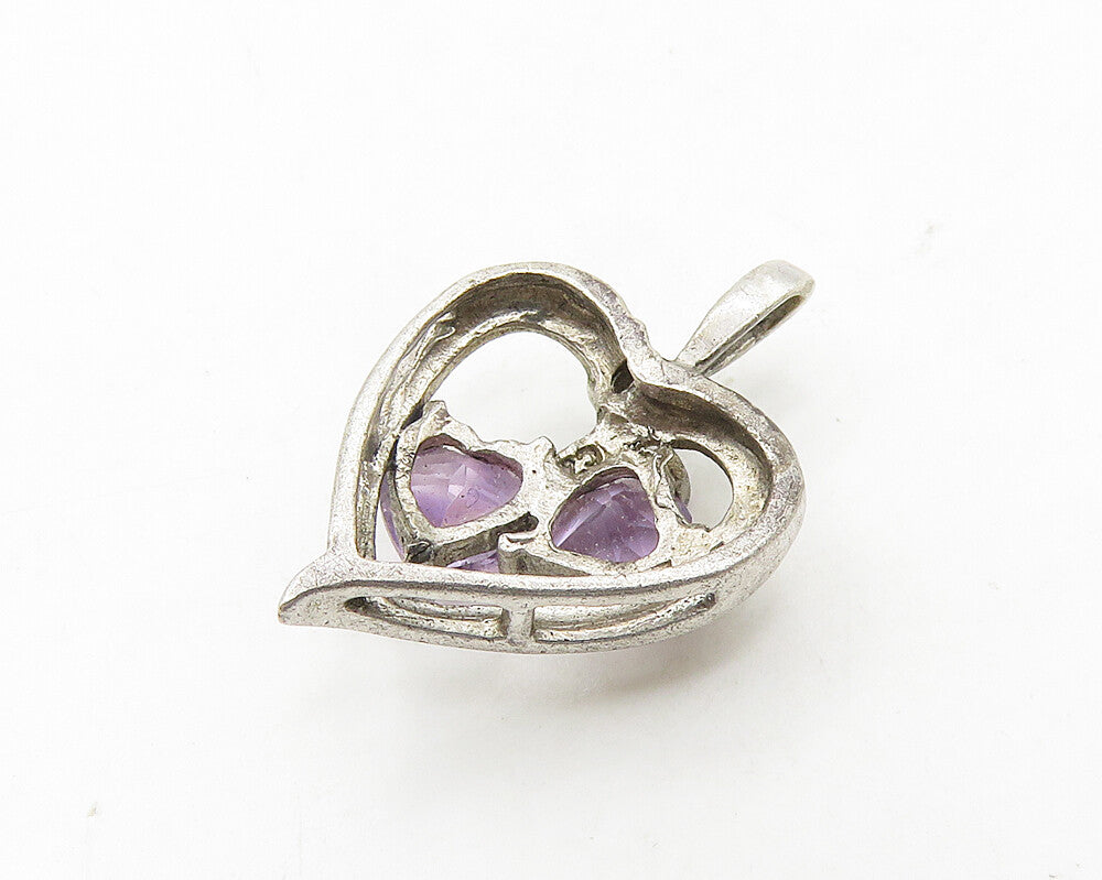 925 Sterling Silver  Vintage Petite Amethyst Love Hearts Pendant  PT15439