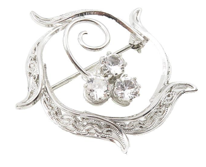 925 Sterling Silver  Cubic Zirconia Floral Swirl Wreath Brooch Pin  BP4266