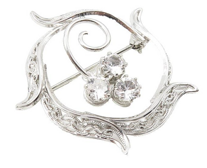 925 Sterling Silver  Cubic Zirconia Floral Swirl Wreath Brooch Pin  BP4266