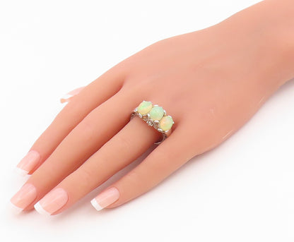 925 Sterling Silver Vintage Ring Cabochon Fire Opal Trilogy Band  Sz 10  RG36618