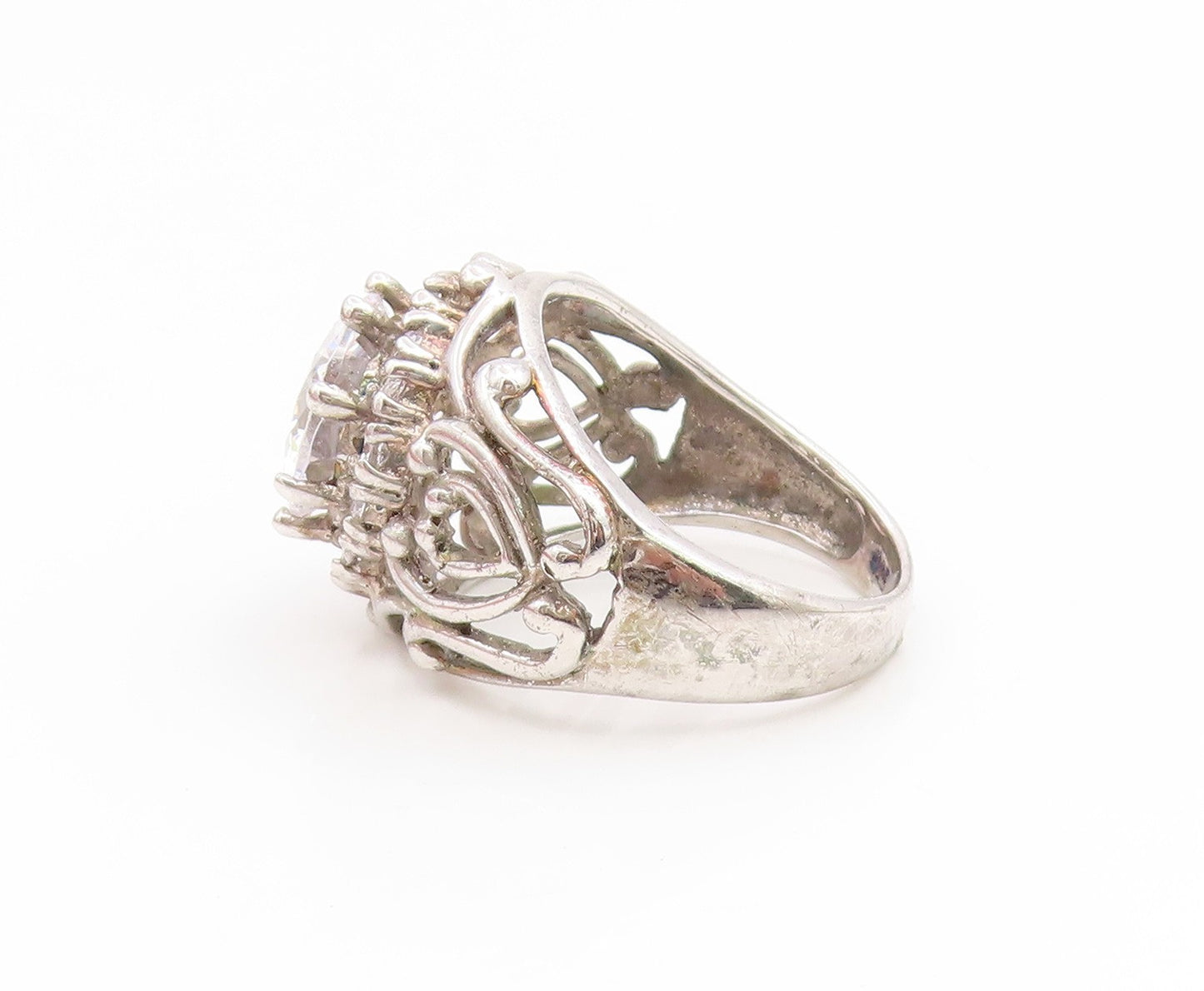 925 Sterling Silver Vintage Ring CZ Intricate Openwork Design  Sz 7.5  RG35223