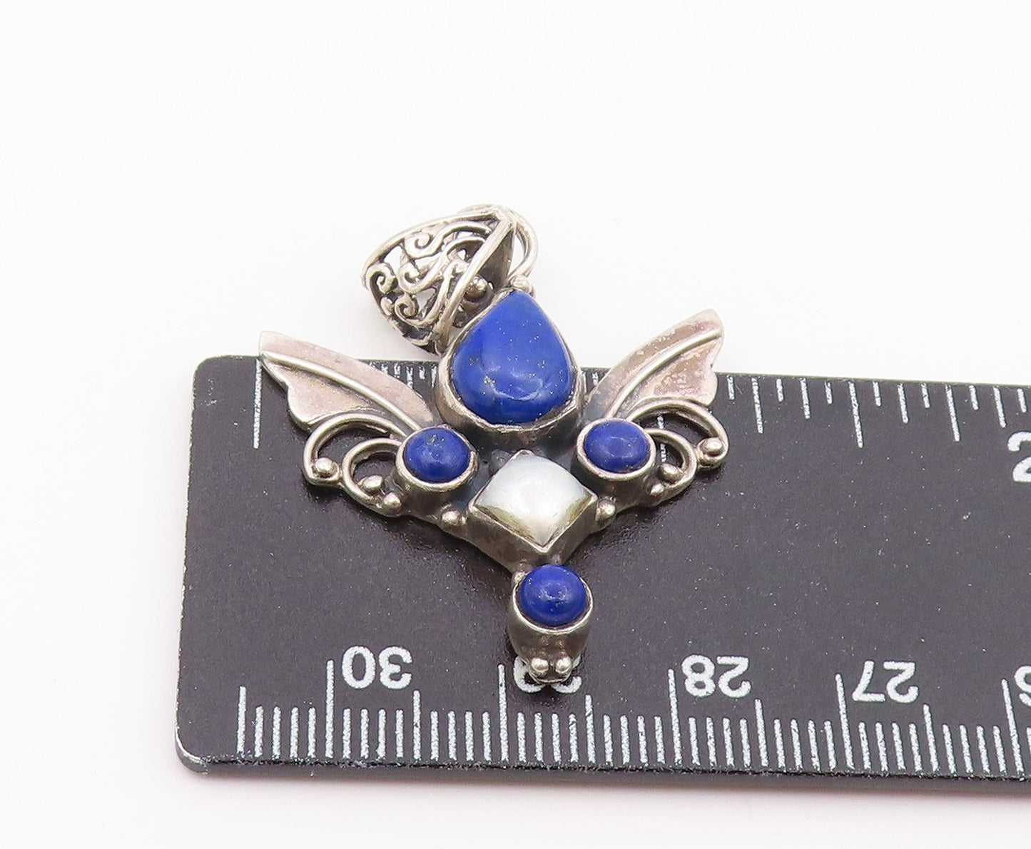 925 Sterling Silver Vintage Pendant Lapis Lazuli & Pearl Angel Wing  PT26427