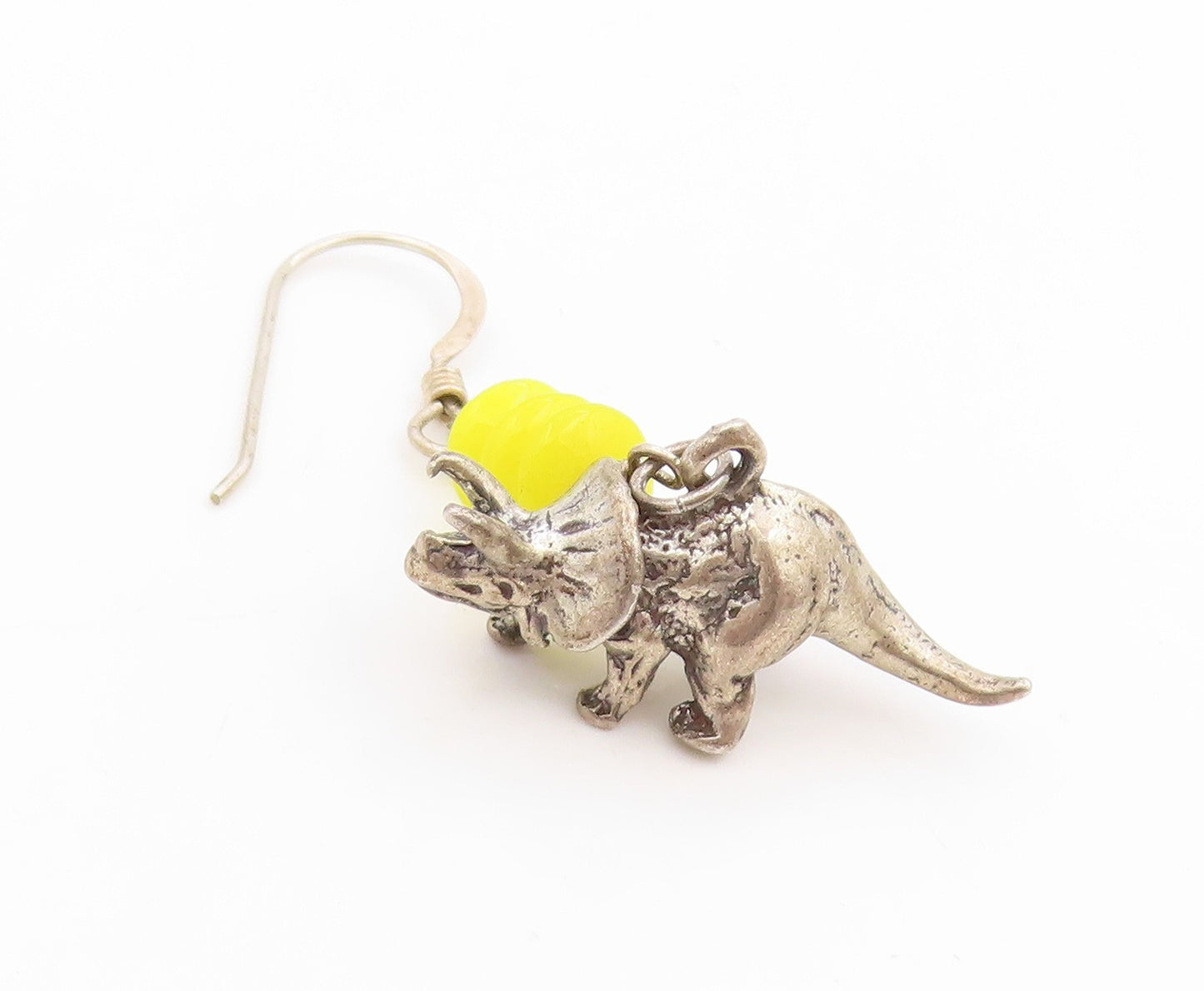 925 Sterling Silver Vintage Earrings Yellow Bead Dinosaur Charm Dangle  EG14056