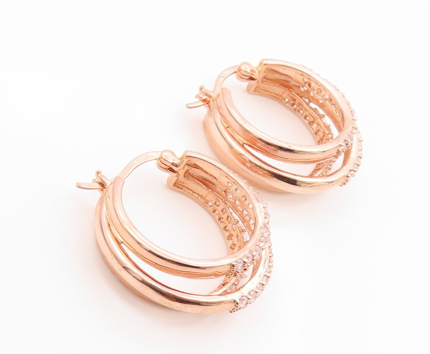 925 Sterling Silver Vintage Earrings Gold Plated Triple Row CZ Hoops  EG14327