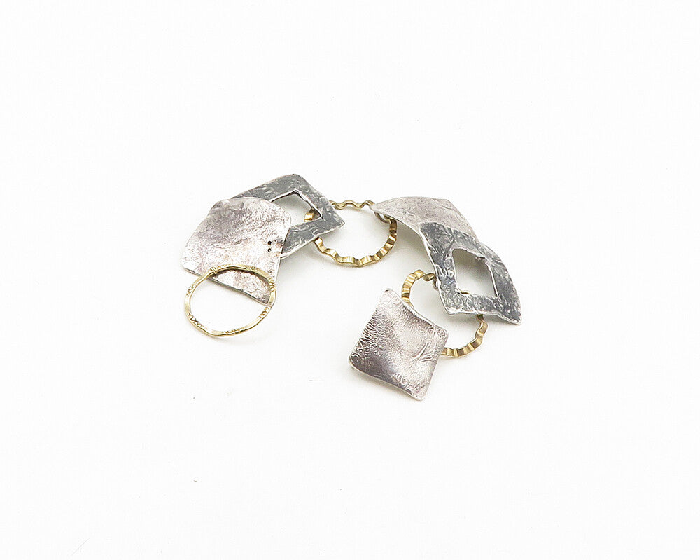 925 Silver & 14K GOLD  Vintage 2 Tone Sculpted Modernist Chain Bracelet BT7763